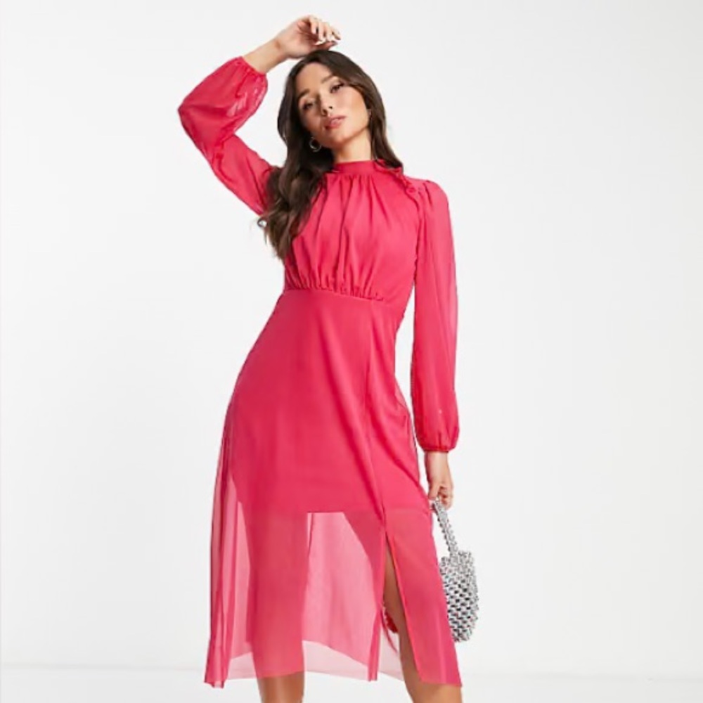 💄💋 Lipstick Pink Retro Midi Dress, Sexy Sheer Sleeves and Back, Size 6, ASOS
